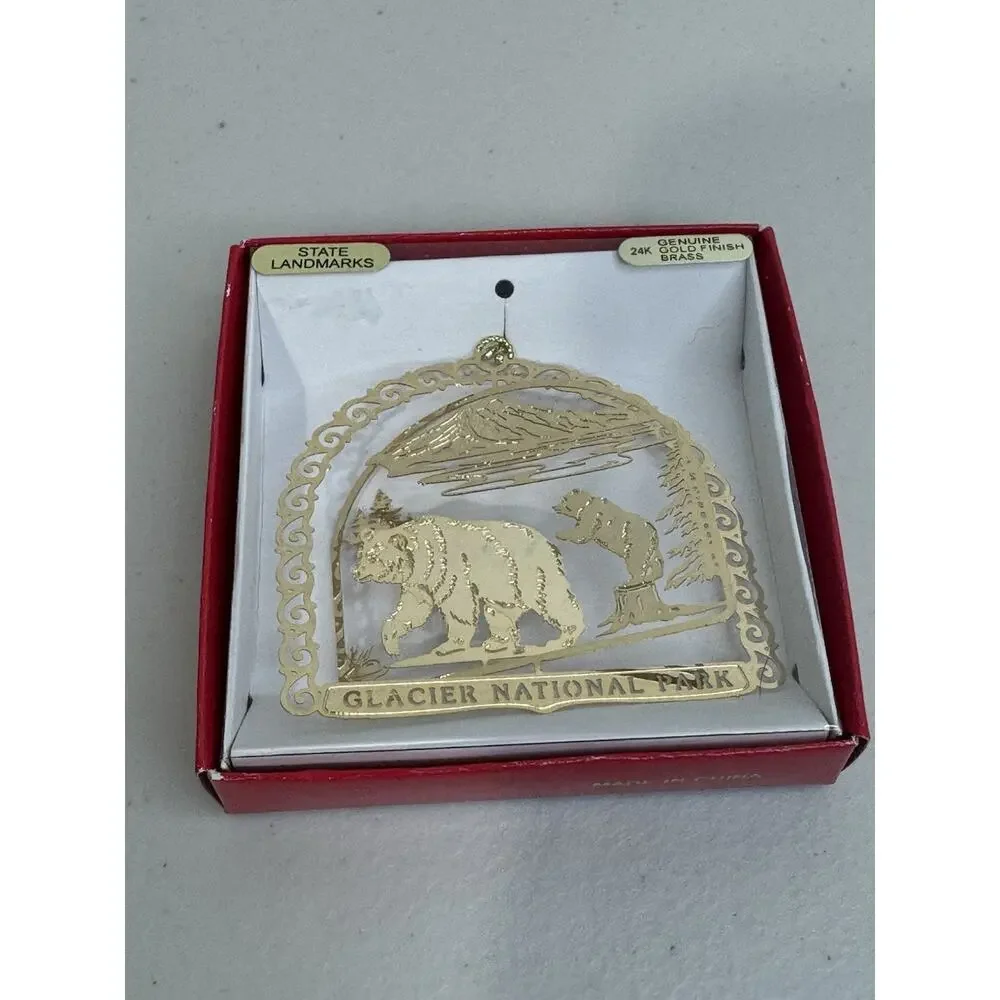 Glacier National Park State Landmarks Souvenir Christmas Ornament 24K Gold Brass